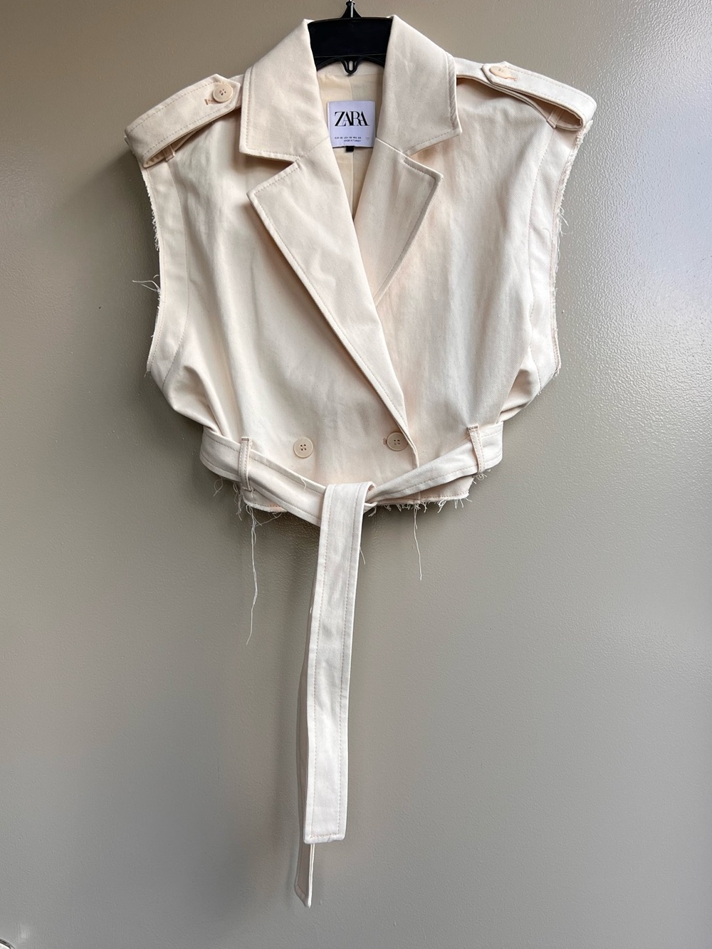 Zara XS S Cropped Denim Trench Jacket Ivory Raw Hem Belted Cotton Utility Blazer - Picture 5 of 16